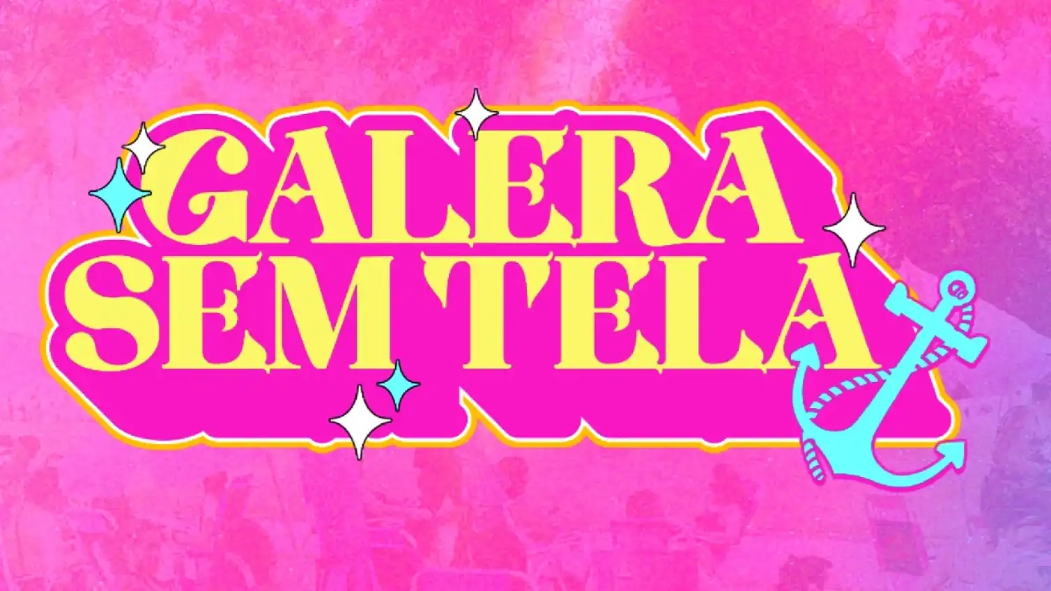 Logotipo estilizado com o nome "GALERA SEM TELA" em letras amarelas sobre um fundo rosa vibrante, decorado com estrelas e uma âncora azul.