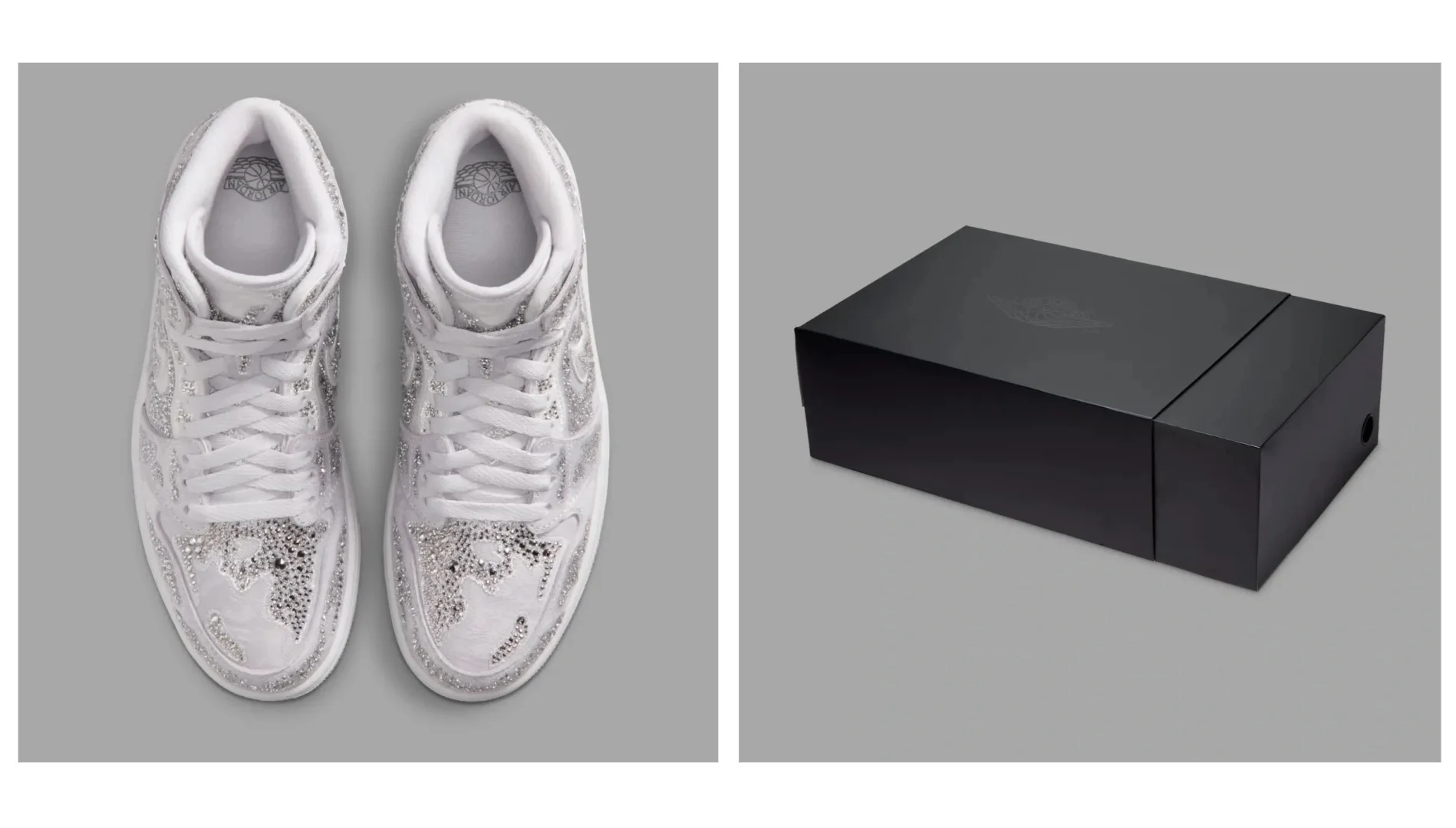 Uma imagem de estúdio composta com duas vistas. A esquerda, um par de tênis Air Jordan 1 brancos brilhantes, cobertos com padrões de cristais de strass prateados, em uma vista superior de "cima para baixo". A direita, uma caixa de sapatos de duas partes em preto fosco com o logotipo Air Jordan Wings sutilmente gravado.