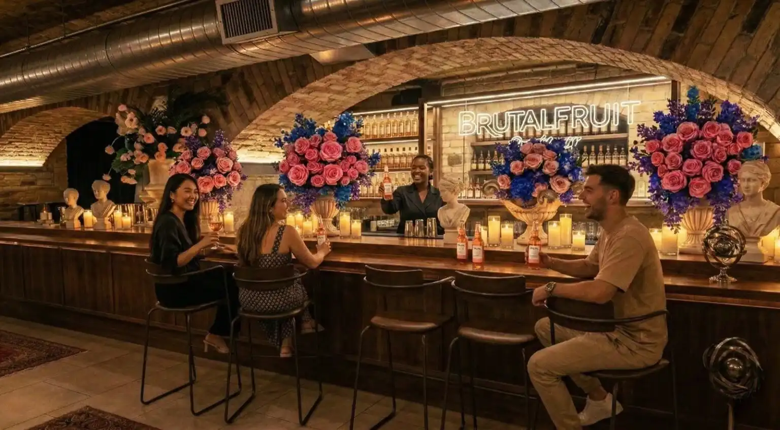 Quarteto de cordas tocando em um ambiente de pedra rústica iluminado por centenas de velas acesas no chão, com estátuas clássicas e arranjos de flores ao redor.