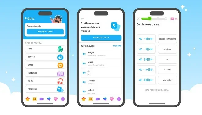 Três telas de smartphone mostrando a interface de prática do Duolingo, incluindo menus de exercícios, lista de vocabulário em francês e um jogo de combinar pares.