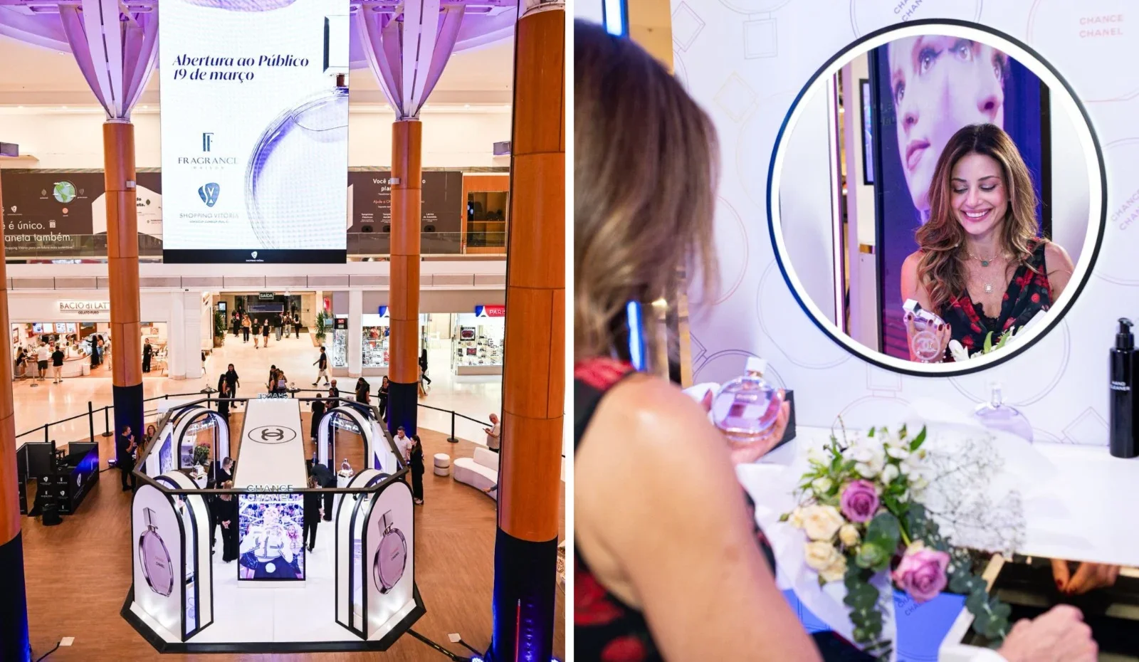 Montagem com duas fotos da ativação da fragrância Chance da Chanel. À esquerda, uma visão aérea do quiosque iluminado no Shopping Vitória; à direita, um detalhe em close de uma mulher sorrindo e segurando um frasco de perfume Chanel.