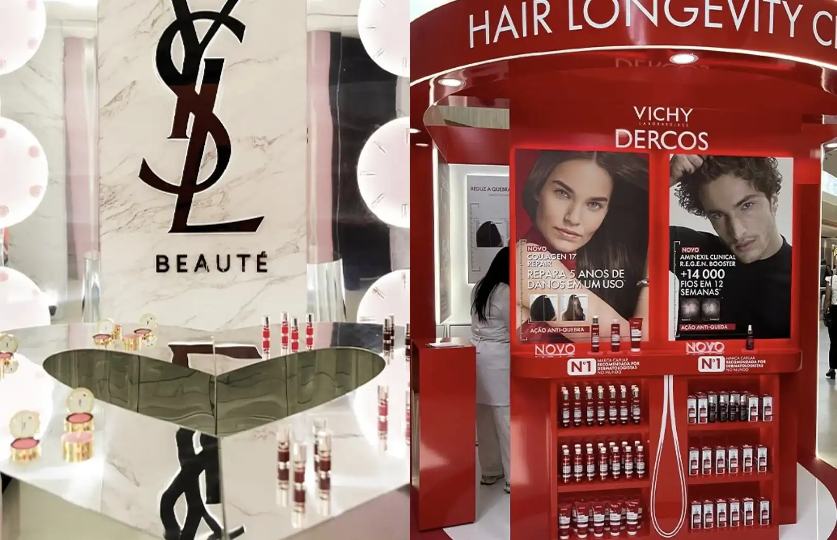 Montagem de duas fotos de estandes de beleza em um shopping. À esquerda, um espaço luxuoso da YSL Beauté com mármore branco e um balcão espelhado em formato de coração. À direita, um quiosque vermelho vibrante da Vichy Dercos focado em saúde capilar, com prateleiras de produtos e painéis informativos.