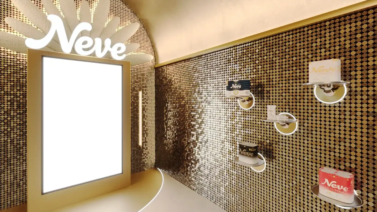 Estande luxuoso da marca Neve no Lollapalooza, com paredes revestidas em pastilhas douradas brilhantes, iluminação suave e exposição de produtos em prateleiras flutuantes.