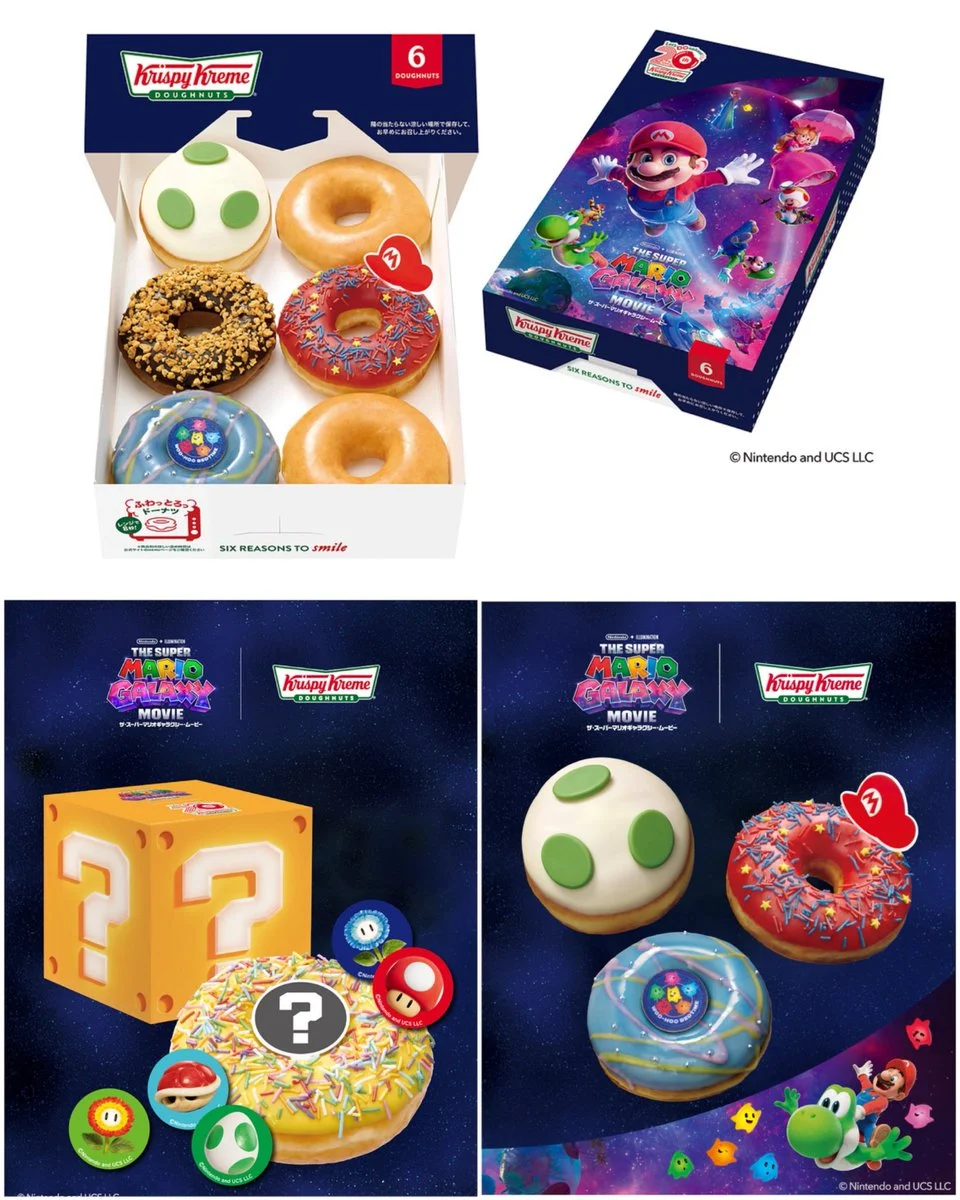 Colagem promocional da colaboração Krispy Kreme e Super Mario Galaxy, mostrando caixas personalizadas e donuts especiais.