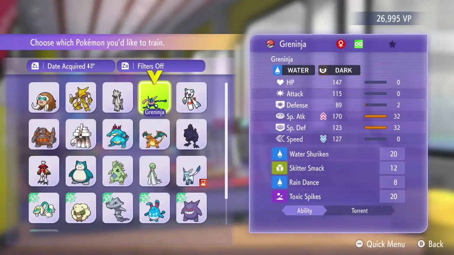 Uma captura de tela da interface do usuário de um videogame Pokémon, mostrando um menu de "Escolha qual Pokémon você gostaria de treinar".