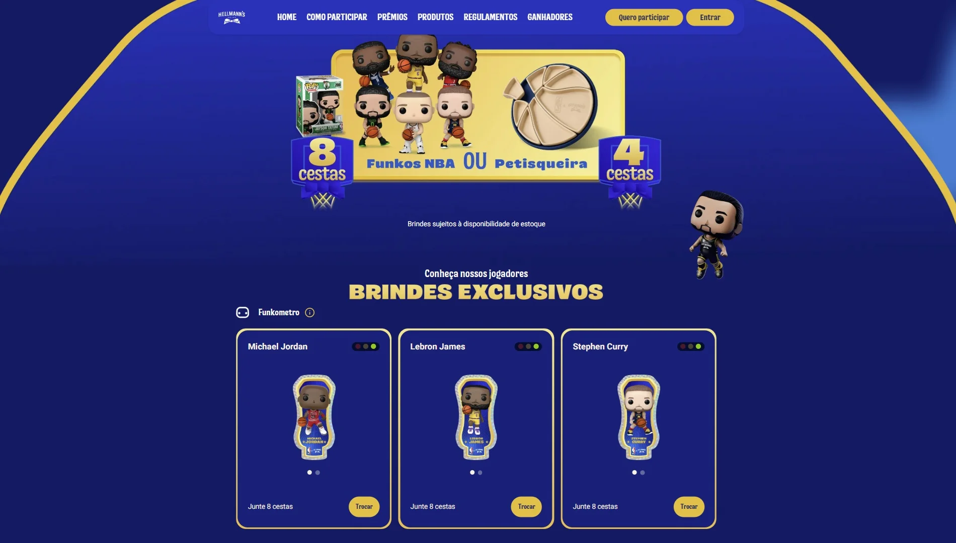 Interface do site da promoção Hellmann's e NBA detalhando os brindes exclusivos. A página mostra que o usuário pode trocar "cestas" (pontos) por Funkos de jogadores como Michael Jordan, LeBron James e Stephen Curry, ou por uma petisqueira em formato de bola de basquete.