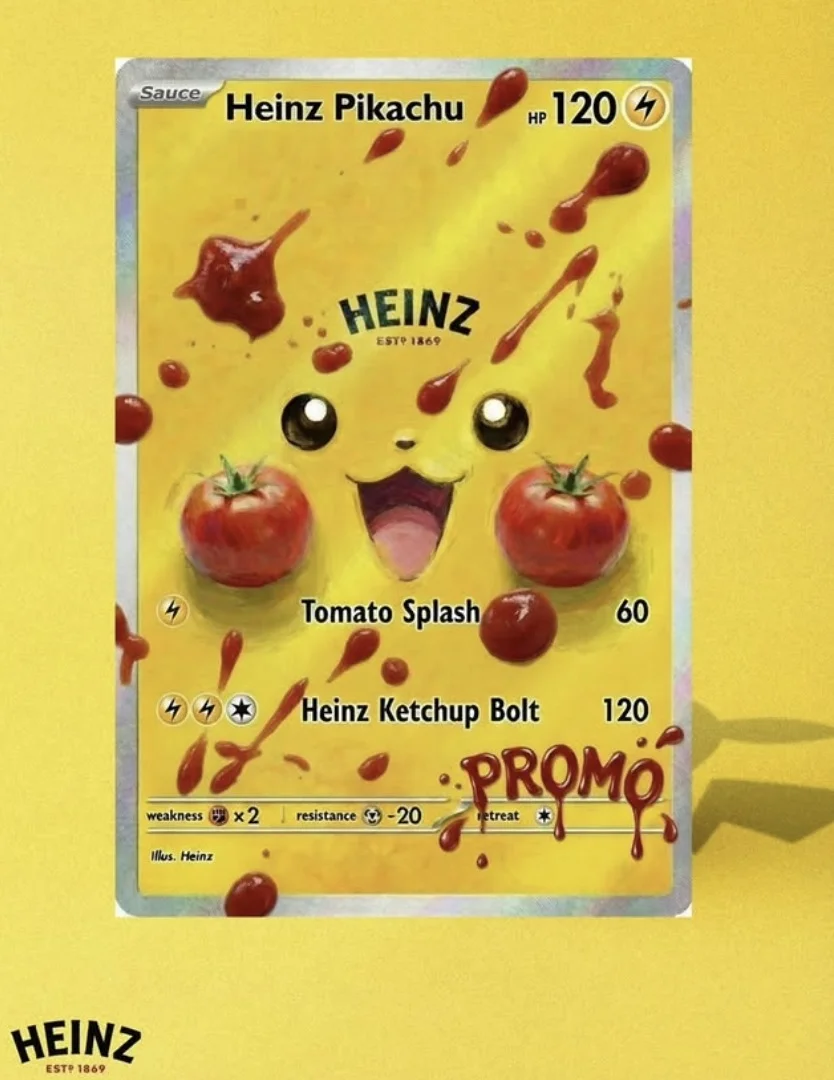 Carta colecionável de Pokémon personalizada pela Heinz, apresentando o "Heinz Pikachu" com artes de tomates e respingos de ketchup.