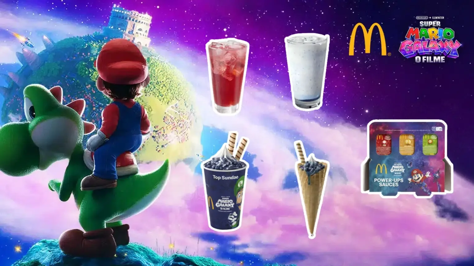 Banner promocional do McDonald's apresentando itens do cardápio temático de Super Mario Galaxy, incluindo bebidas coloridas, sobremesas com coberturas azuis e embalagens especiais de molhos "Power-Up".