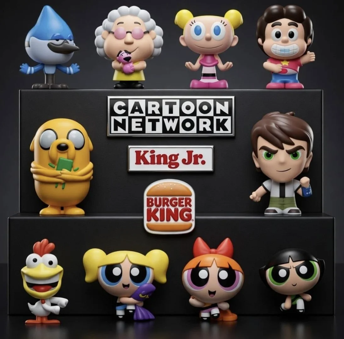 Uma fotografia de estúdio em estante de exposição preta com três fileiras de figuras colecionáveis do King Jr. de desenhos do Cartoon Network. A fileira central apresenta os logotipos da Burger King e do Cartoon Network.