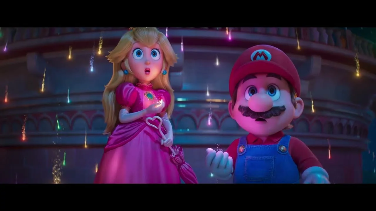 Uma cena do filme de Mario com a Princesa Peach e o Mario olhando para cima.