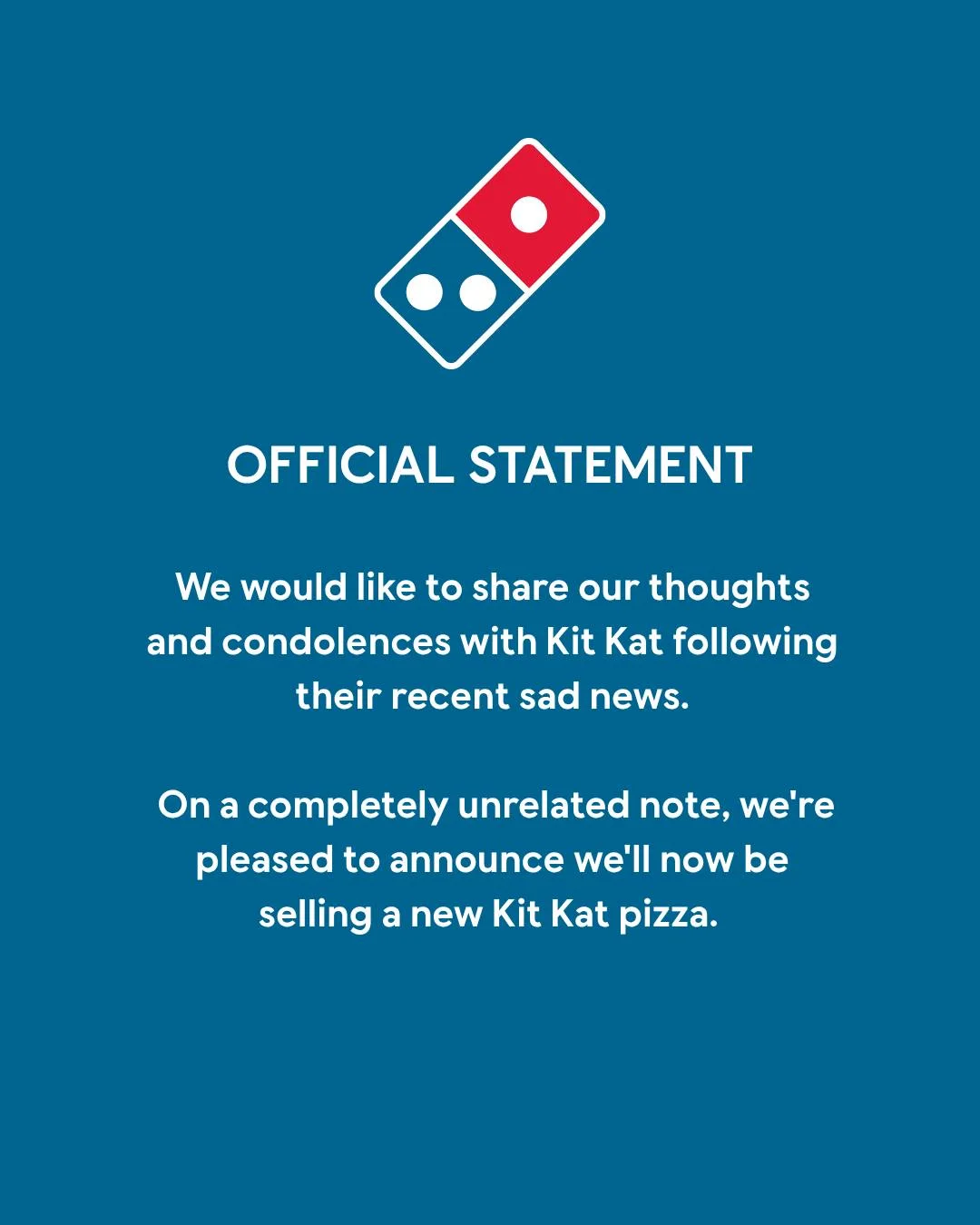 Comunicado oficial da Domino's Pizza com fundo azul e logo da marca no topo.