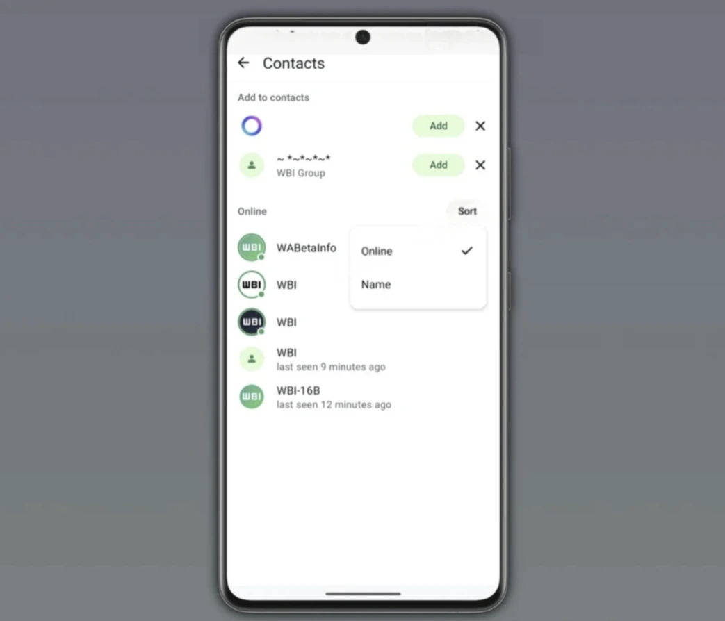 Captura de tela da lista de contatos do WhatsApp em um celular, destacando a nova função de organizar contatos por status online.