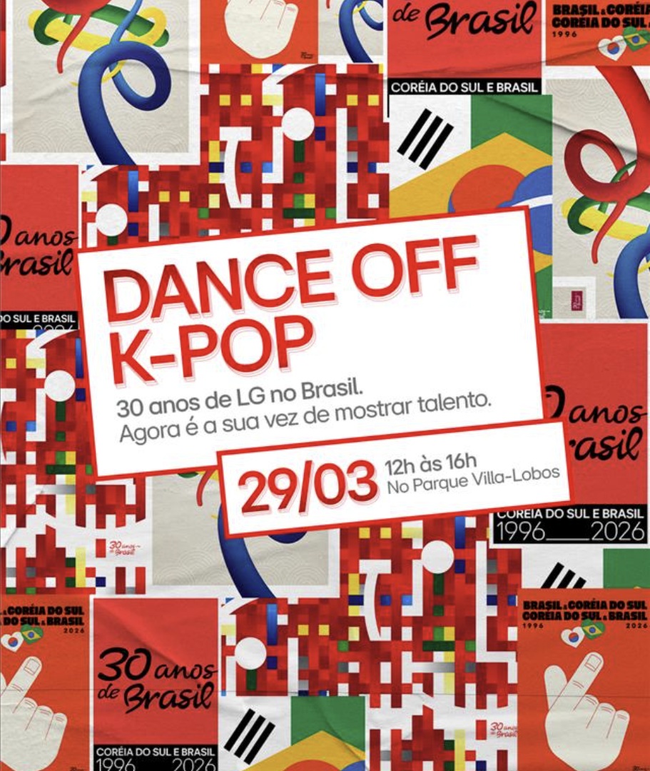 Cartaz publicitário do evento "Dance Off K-Pop" da LG, com design geométrico em vermelho, branco e azul.