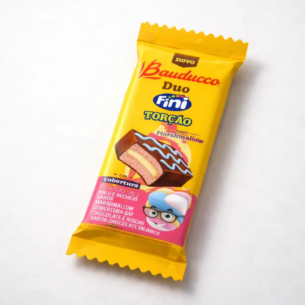 Close-up da embalagem individual amarela do bolinho Bauducco Duo em parceria com a Fini, sabor Marshmallow Torção.