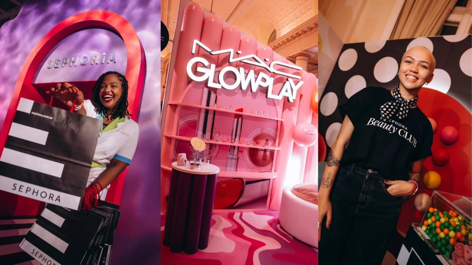 Um painel de três fotos verticais de um evento da Sephora. À esquerda, uma mulher sorrindo segura sacolas de compras em frente a um portal roxo. No meio, um estande de maquiagem da MAC em tons de rosa. À direita, uma mulher com cabelo curto posa sorrindo em um cenário de bolinhas.