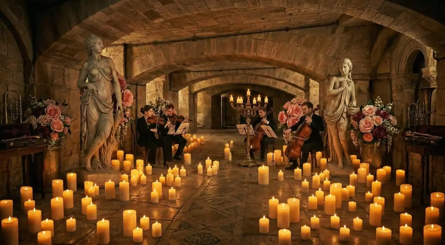 Um quarteto de cordas se apresenta em um corredor de pedra rústico e arqueado, cercado por centenas de velas acesas no chão, estátuas clássicas e arranjos de rosas, criando uma atmosfera intimista e luxuosa.