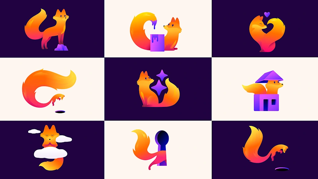 Grade de ilustrações do mascote do Firefox (uma raposa em degradê laranja e rosa) em nove diferentes poses e situações, incluindo a raposa meditando, saindo de uma fechadura e interagindo com ícones de segurança.