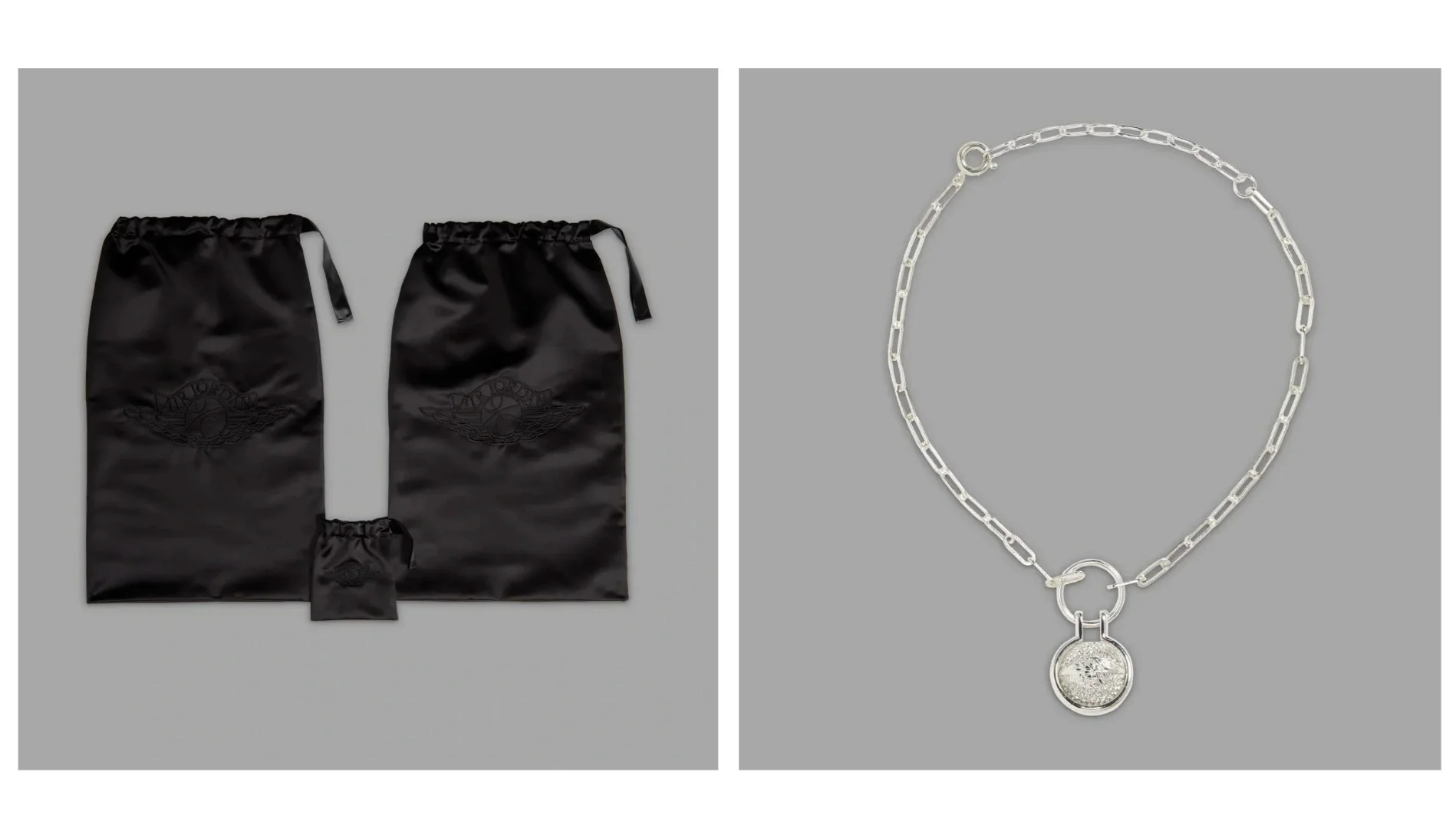 Uma imagem de estúdio composta com dois conjuntos de acessórios. A esquerda, dois sacos de cetim preto (um maior, um menor) com cordões e o logotipo Air Jordan Wings sutilmente bordado. A direita, um colar de prata com uma corrente de elos e um pingente circular grande cravejado de cristais.