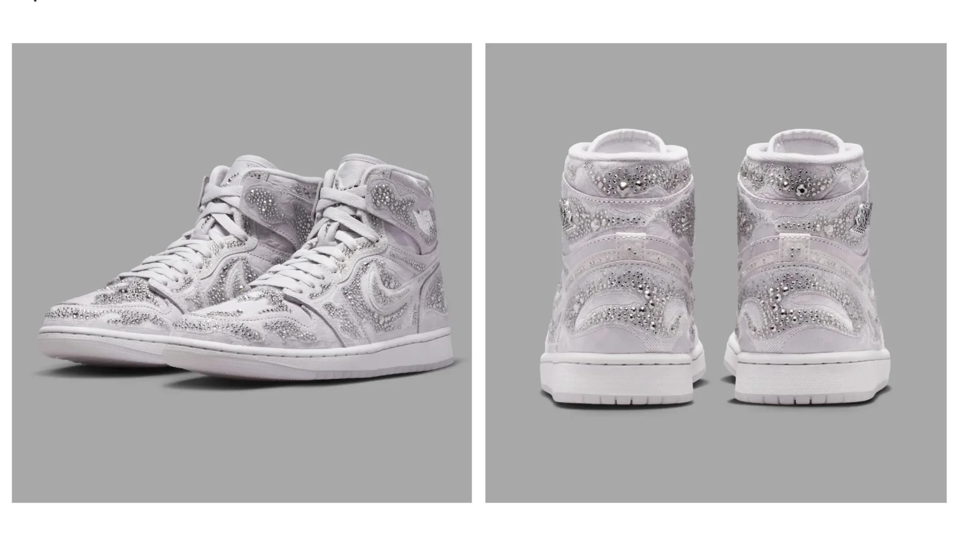 Uma imagem de estúdio composta com duas vistas laterais. A esquerda, o par de tênis Air Jordan 1 brancos com cristais em uma pose de três quartos. A direita, a parte de trás do mesmo par de tênis, destacando os padrões de cristais nos calcanhares e golas.