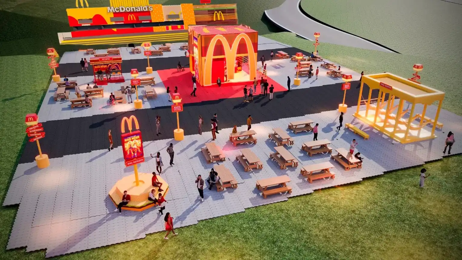 Vista aérea de uma renderização 3D do estande do McDonald's no Lollapalooza. O espaço conta com uma grande estrutura central em formato de caixa de McLanche Feliz, balcões de atendimento ao fundo e diversas mesas de madeira para o público em uma área aberta.