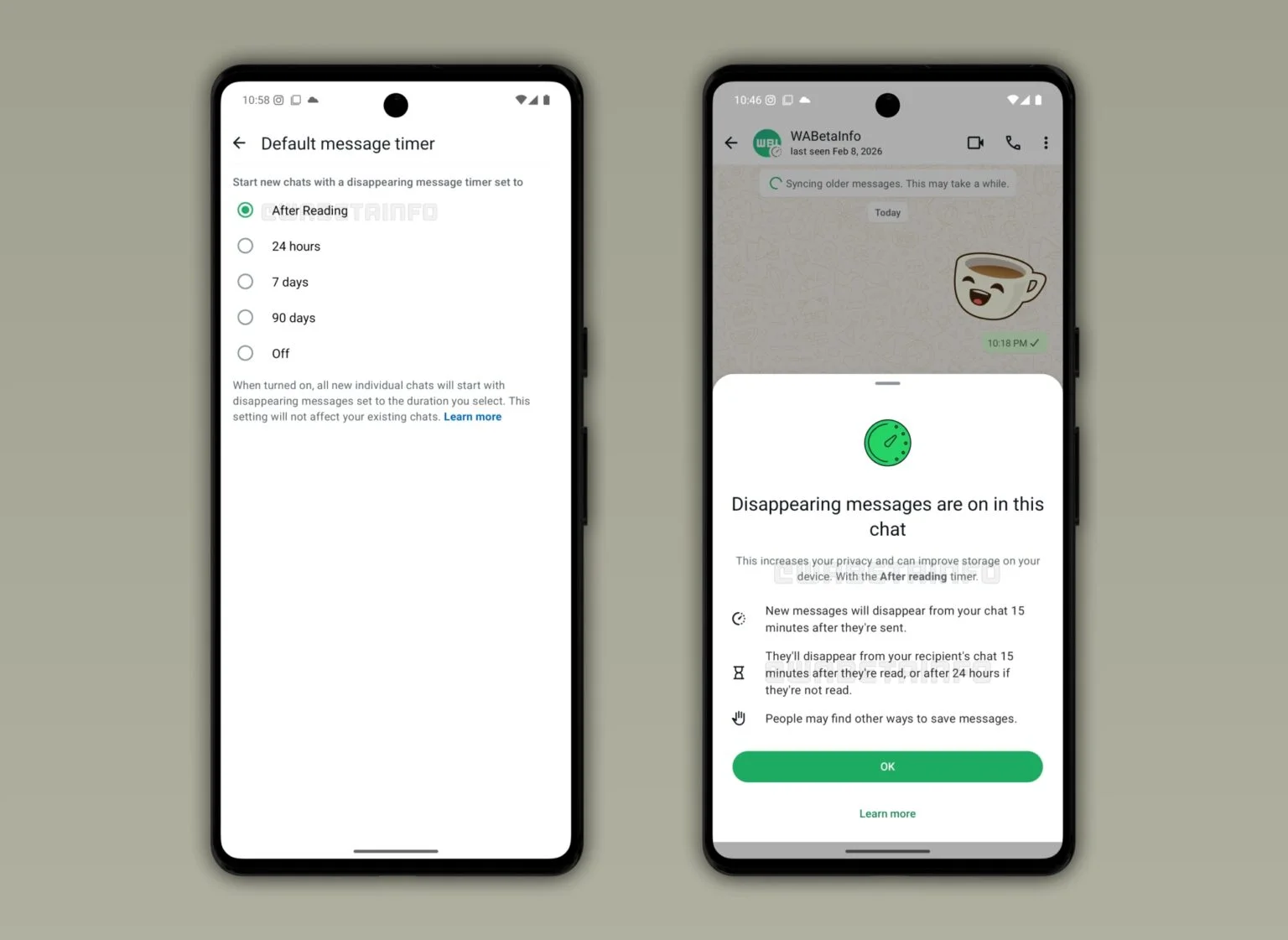 Dois mockups de smartphones exibindo a interface do WhatsApp para Android em um fundo cinza claro. O telefone à esquerda mostra a tela de configurações do 'Temporizador de mensagens padrão' com a opção 'Após Leitura' selecionada. O telefone à direita mostra uma janela modal de bate-papo 'As mensagens temporárias estão ativadas' explicando o recurso, com detalhes sobre o desaparecimento das mensagens em 15 minutos e um botão 'OK'.