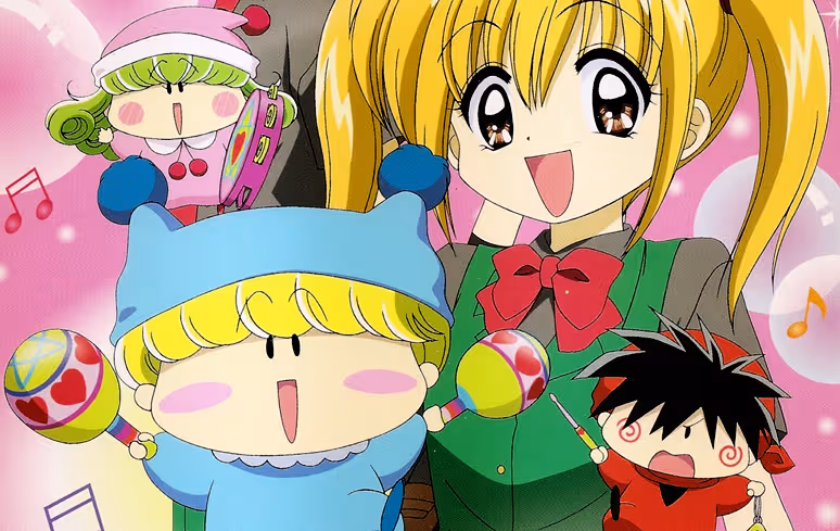 Ilustração colorida do anime Mirmo Zibang com a protagonista Kaede e os duendes Mirmo, Rima e Yashichi.