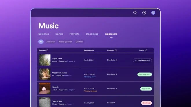 Interface de um painel de gerenciamento de música digital com tons de roxo, exibindo uma lista de lançamentos musicais e seus status de aprovação.