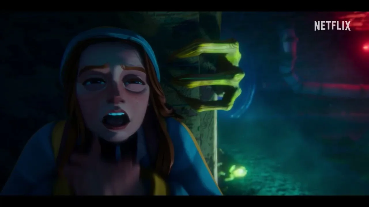 Um close-up animado de Max Mayfield, de "Stranger Things", gritando aterrorizada. Ela usa sua jaqueta azul e boné. Uma grande garra de monstro amarela e ossuda está agarrando o Batente de madeira ao lado dela. O cenário é escuro e sombrio, iluminado por uma luz azul fétida e um brilho vermelho distante, com o logo da Netflix no topo.