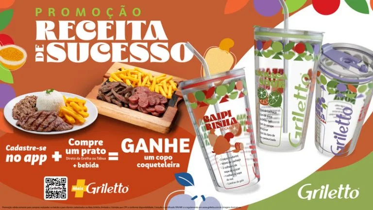 Banner promocional da campanha 'Receita de Sucesso' do Griletto, mostrando pratos de comida, copos coqueteleira de brinde e instruções para participar via aplicativo.
