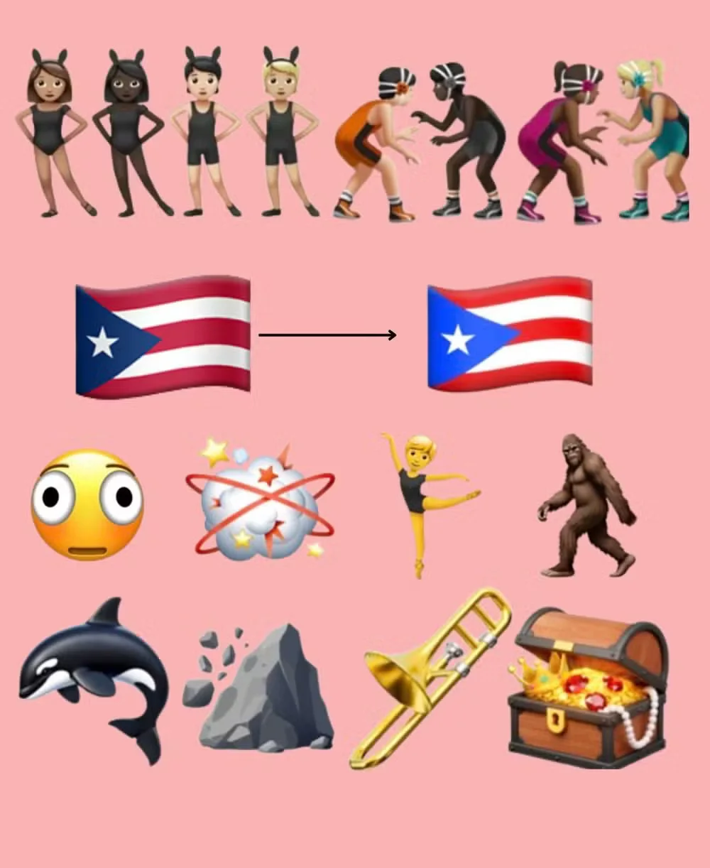 Um gráfico em grade sobre um fundo rosa claro exibindo várias fileiras de emojis estilizados e ícones.