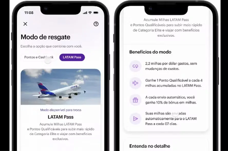 Captura de tela do aplicativo Nubank mostrando a interface do "Modo de resgate" da LATAM Pass. À esquerda, uma tela com a opção selecionada e a imagem de um avião da LATAM decolando. À direita, a lista de benefícios: 2,2 milhas por dólar gasto, pontos qualificáveis, bônus de 10% no envio automático e transferência a cada 7 dias.