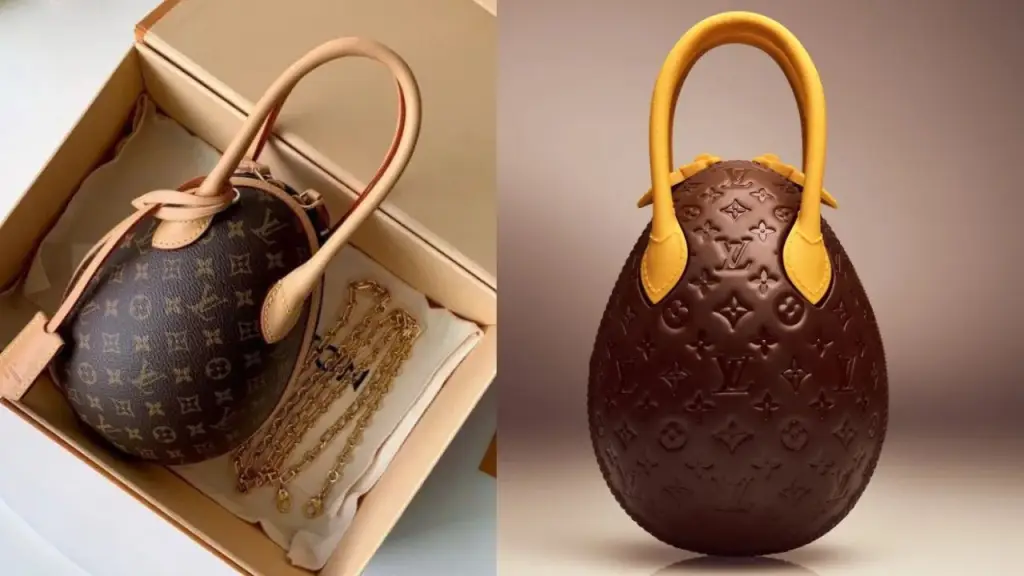 Díptico comparativo mostrando, à esquerda, uma bolsa Louis Vuitton real em formato de ovo dentro de uma caixa de luxo e, à direita, um ovo de Páscoa de chocolate que imita o design da mesma bolsa com o monograma da marca.