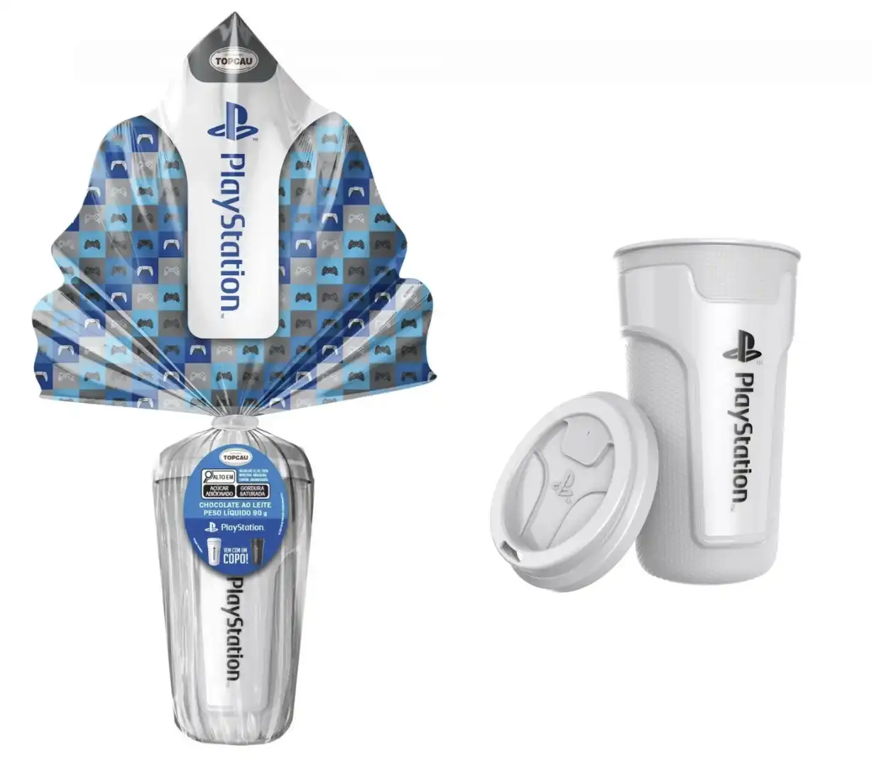 Ovo de Páscoa PlayStation da Top Cau em embalagem azul quadriculada, posicionado ao lado de um copo térmico branco com tampa, que é o brinde do produto.