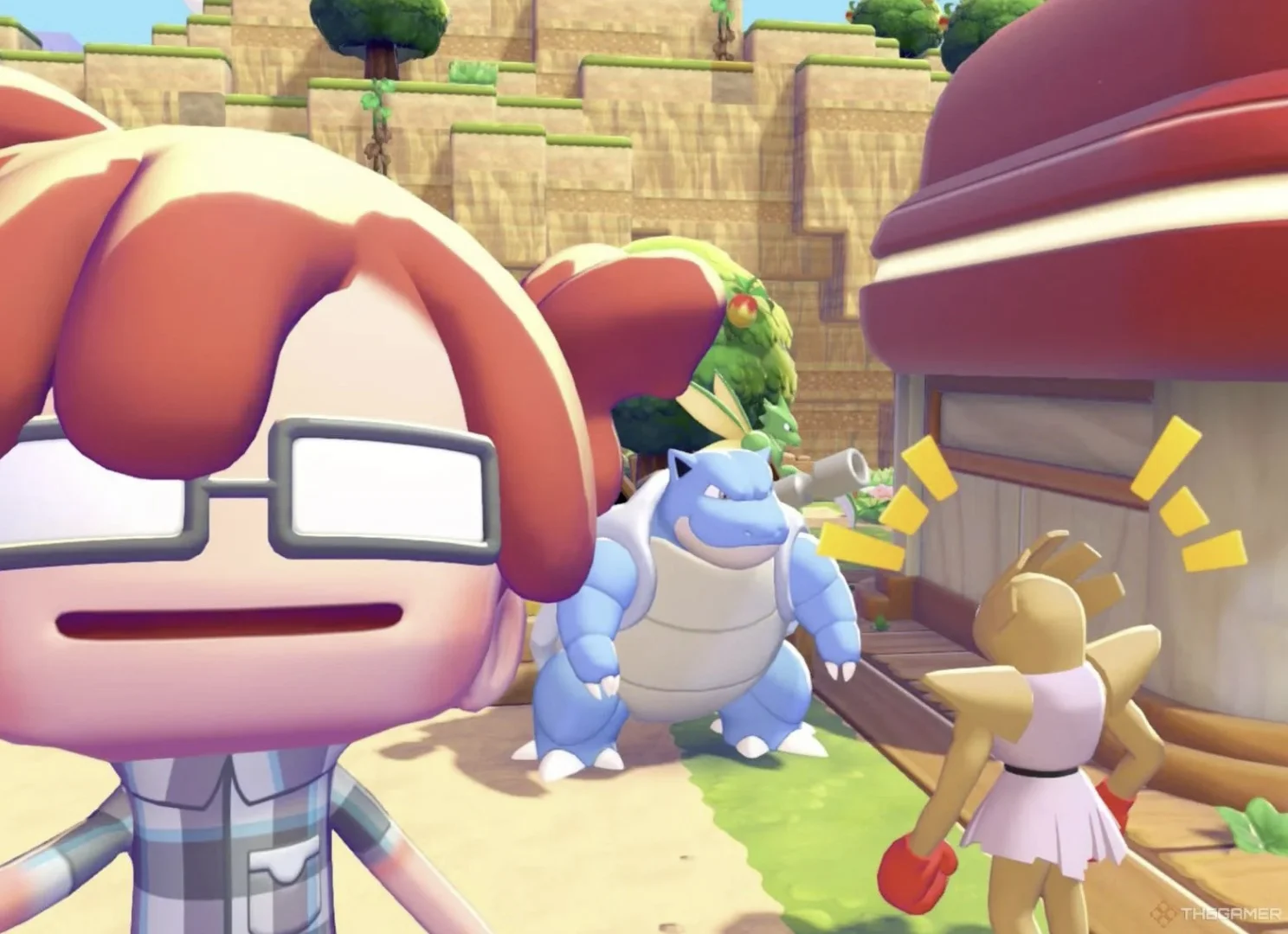 Primeiro plano de um personagem de óculos no jogo Pokémon Pokopia, com um Blastoise e um Hitmonchan ao fundo em um cenário ensolarado e estilizado.
