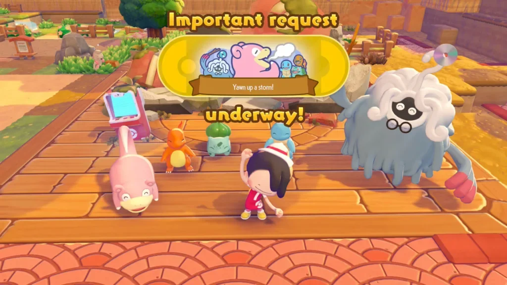 Captura de tela do jogo Pokémon Pokopia mostrando um personagem humano e vários Pokémon (Slowpoke, Charmander, Bulbasaur, Squirtle e Tangrowth) em uma praça de madeira. Um banner amarelo no topo exibe a mensagem "Important request underway!" e o objetivo "Yawn up a storm!".
