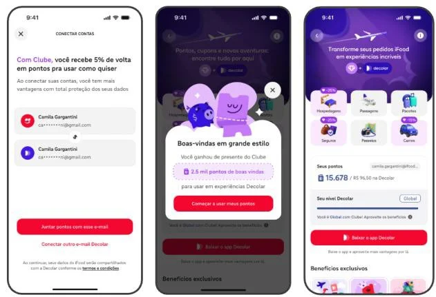 Três telas de um aplicativo móvel mostrando o processo de integração entre iFood e Decolar. A primeira tela exibe a conexão de contas; a segunda mostra um bônus de boas-vindas de 2,5 mil pontos; e a terceira detalha o saldo de pontos e opções de resgate para viagens.