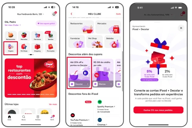 Duas imagens compostas por capturas de tela do aplicativo iFood. A primeira mostra o fluxo de adesão: conexão de contas por e-mail, aviso de recebimento de 2,5 mil pontos de bônus e painel de saldo com opções de resgate para viagens. A segunda imagem destaca o caminho no app: ícone "Viagens" na tela inicial, banner da Decolar na seção "Meu Clube" e tela de boas-vindas oferecendo até 5% de pontos de volta em pedidos.