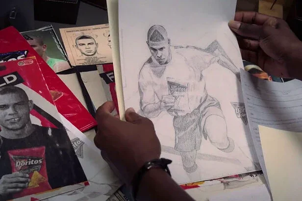 Mãos segurando um desenho a lápis de Ronaldo Fenômeno jogando futebol, com destaque para o cabelo triangular.