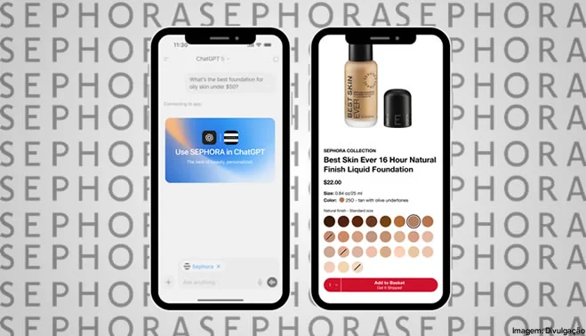 Montagem mostrando a interface de conversa no ChatGPT integrada à loja virtual da Sephora em dois smartphones.