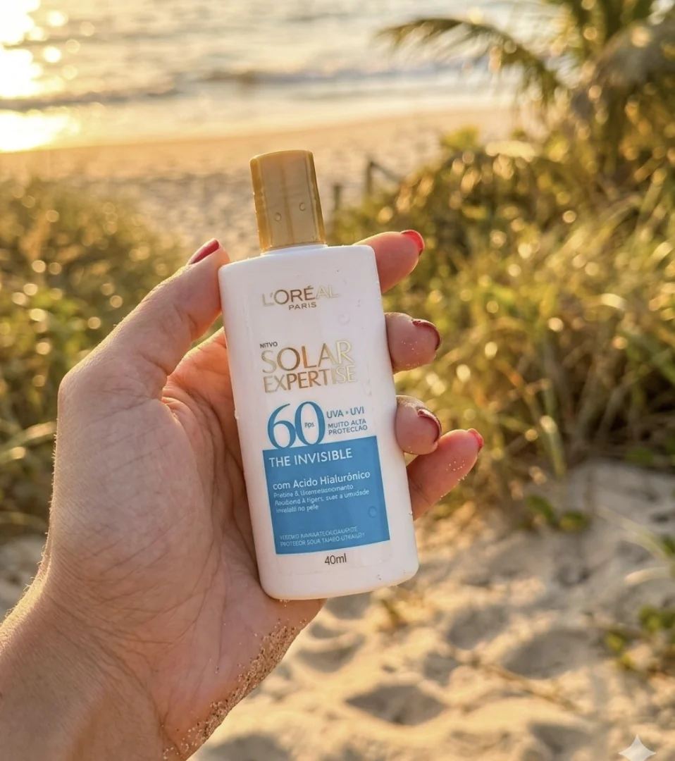 Uma mão segura um frasco de protetor solar L'Oréal Paris Solar Expertise FPS 60 em uma praia ensolarada ao entardecer.