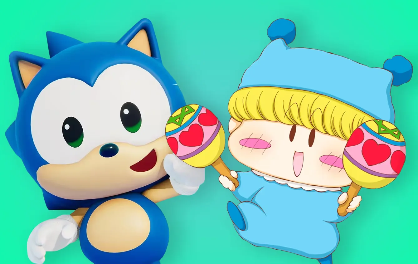 Sonic em modelo 3D ao lado do duende Mirmo em um fundo verde sólido.