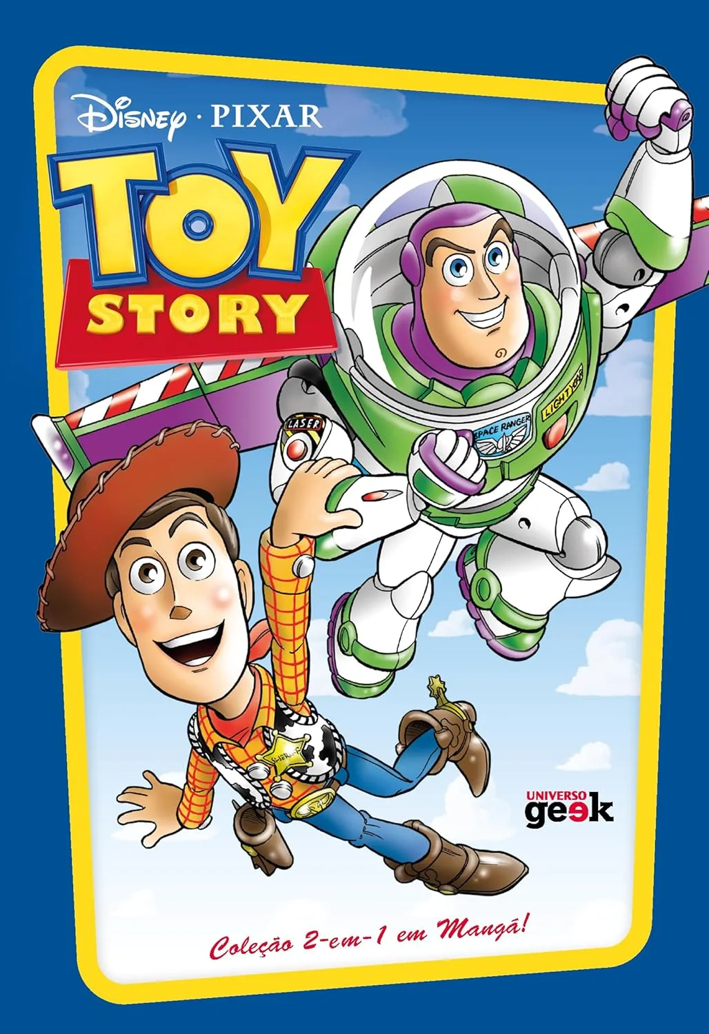 Capa da edição em mangá de Toy Story, mostrando Buzz Lightyear voando enquanto segura a mão de Woody contra um céu azul com nuvens.