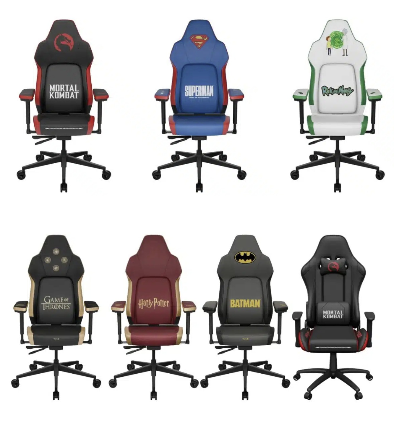 Sete cadeiras de jogos temáticas organizadas em um semicírculo em um ambiente de paisagem urbana cibernética escura e nebulosa.