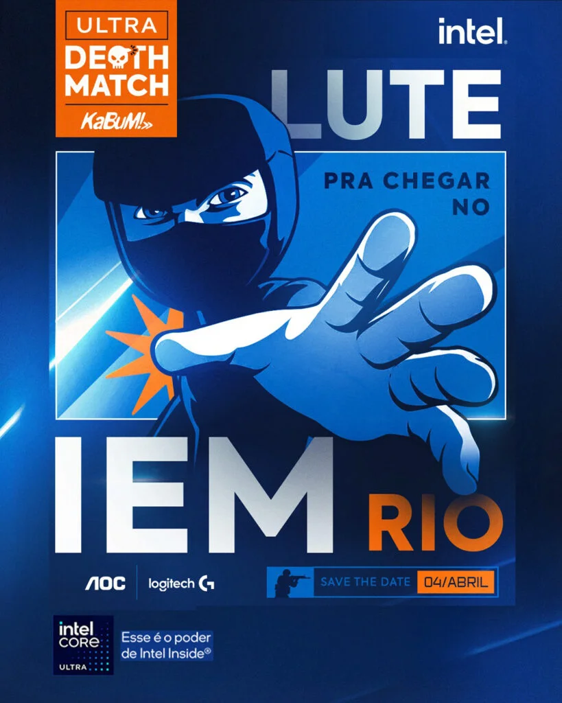 Cartaz vertical azul com ninja, logos da Intel, KaBuM!, AOC e Logitech, anunciando o evento IEM Rio em 04 de abril.