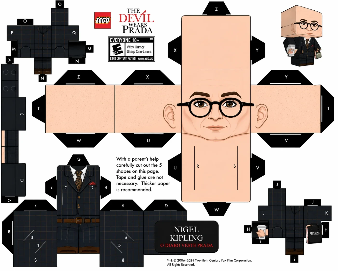 Planilha de papelcraft desdobrada para o personagem Nigel Kipling do Lego The Devil Wears Prada.