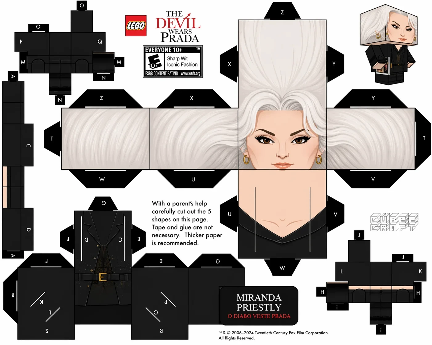 Planilha de papelcraft desdobrada para o personagem Miranda Priestly do Lego The Devil Wears Prada.