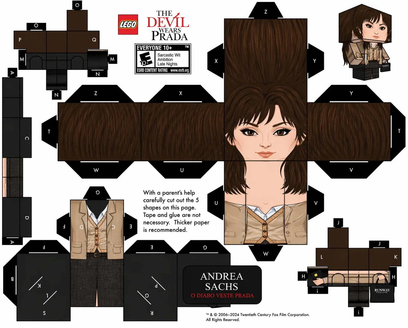 Planilha de papelcraft desdobrada para o personagem Andrea Sachs do Lego The Devil Wears Prada.