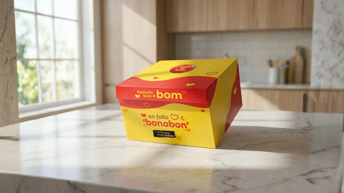 Caixa de presente amarela e vermelha da marca Bon o Bon sobre uma bancada de mármore em uma cozinha iluminada. A embalagem possui frases como "tuuudo que é bom" e desenhos de corações.