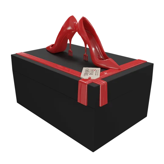 Modelo 3D isolado em fundo branco de uma caixa de presente preta fechada. Uma fita vermelha envolve a caixa, e sobre a tampa, há um par de sapatos de salto alto vermelhos com saltos em formato de garfo de diabo. Uma pequena etiqueta com o texto "PRADA" está sobre a fita.