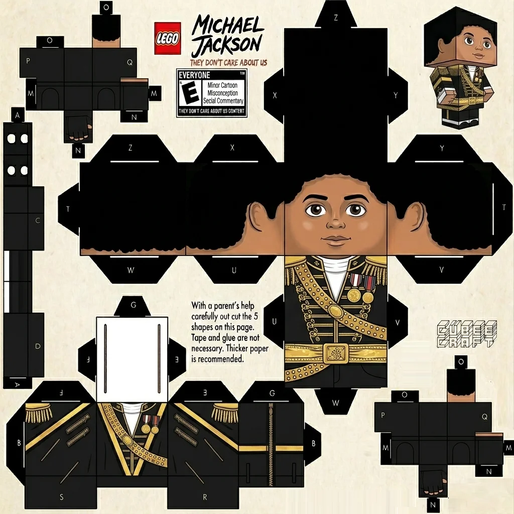 Modelo de brinquedo de papel desdobrado em papel marrom claro com padrão de textura, com a cabeça de Michael Jackson com cabelo encaracolado e terno militar preto e dourado da era "Dangerous".